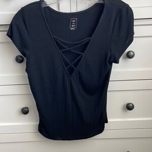 Me To We Women’s Black Short Sleeved Crop Top with Criss Cross V Neck - Size Med